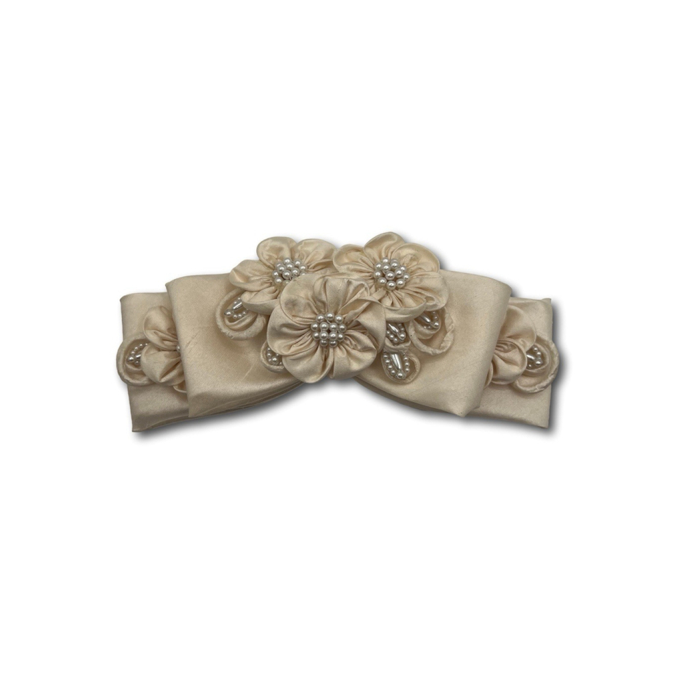 Bridal Bow Barrette Cream Ivory Satin Pearls Flowers Vintage Hair Accessory 